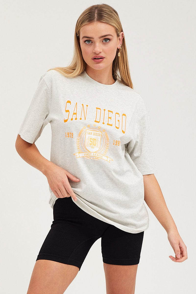 Grey Graphic T-Shirt Short Sleeve Embroided