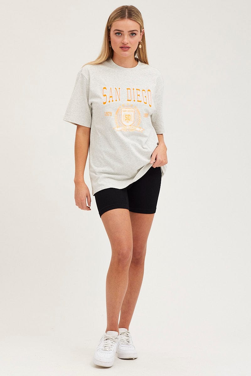 Grey Graphic T-Shirt Short Sleeve Embroided