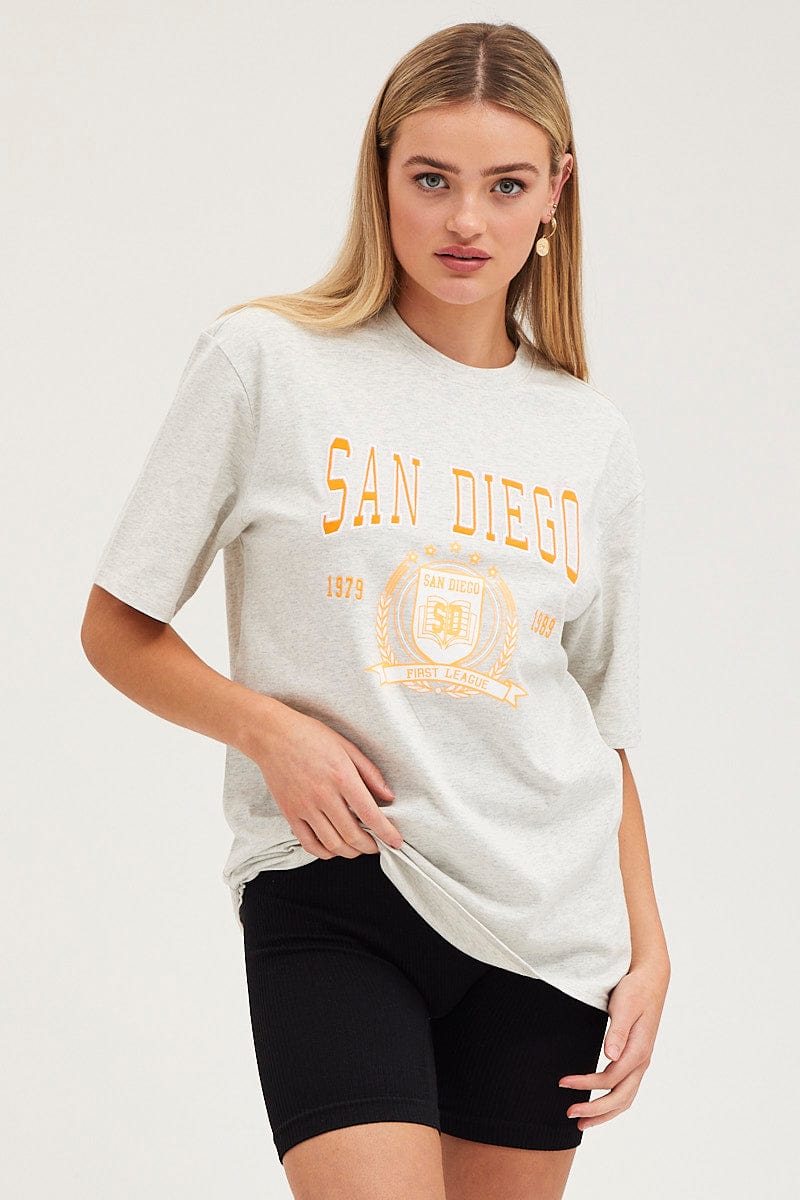 Grey Graphic T-Shirt Short Sleeve Embroided