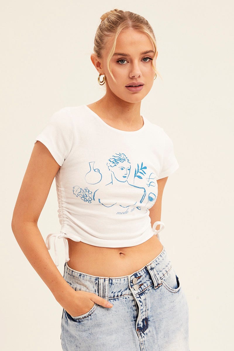 White Crop Top Short Sleeve Crew Neck Ruched