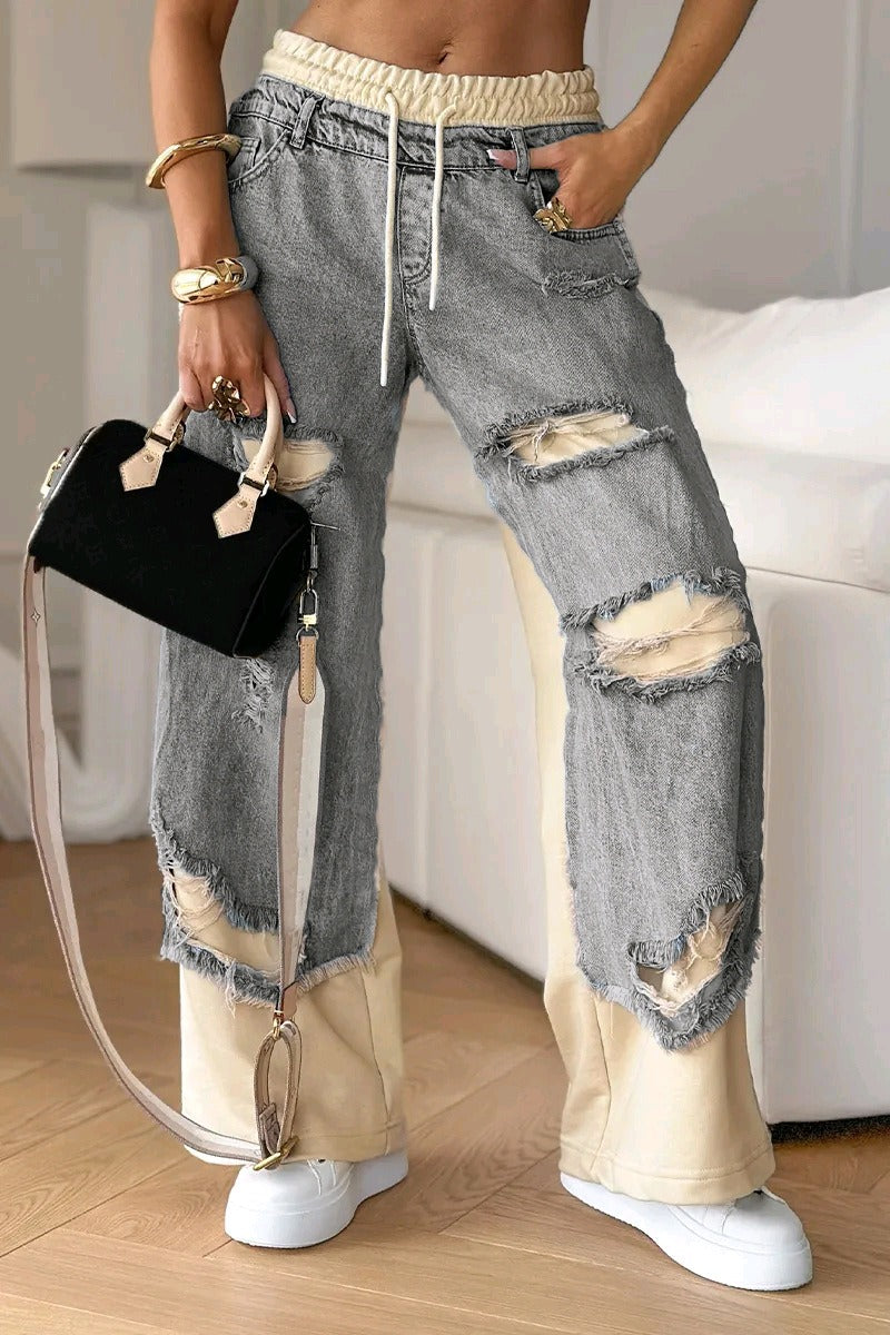 Edgy Color Block Ripped Wide Leg Jeans -