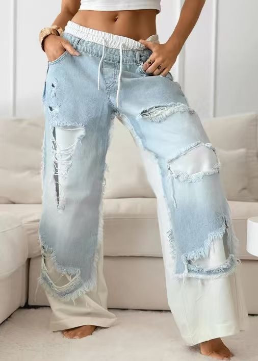 Edgy Color Block Ripped Wide Leg Jeans -