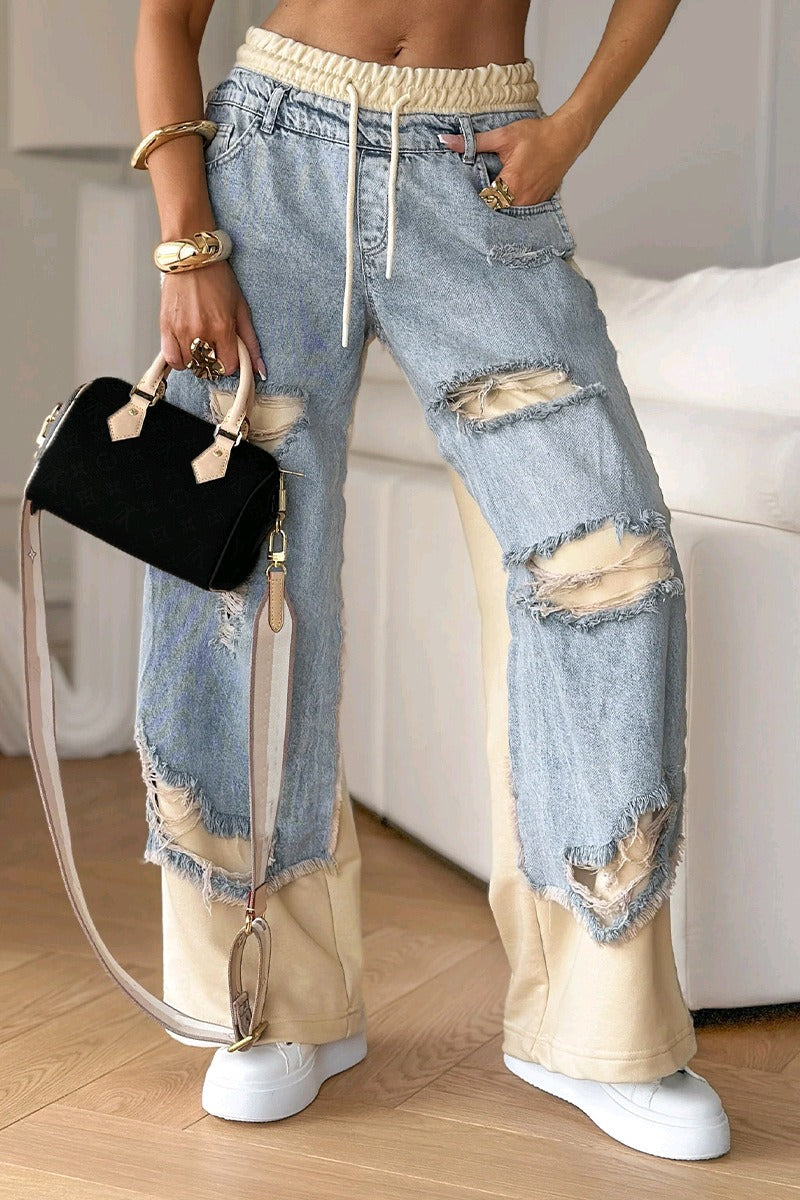 Edgy Color Block Ripped Wide Leg Jeans -