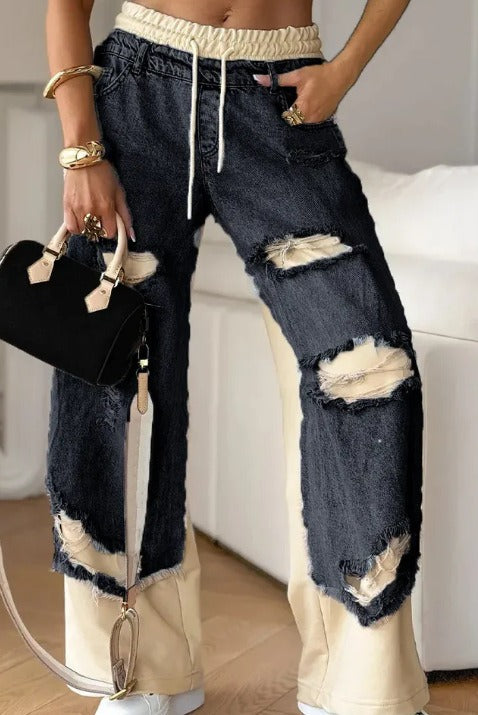 Edgy Color Block Ripped Wide Leg Jeans -