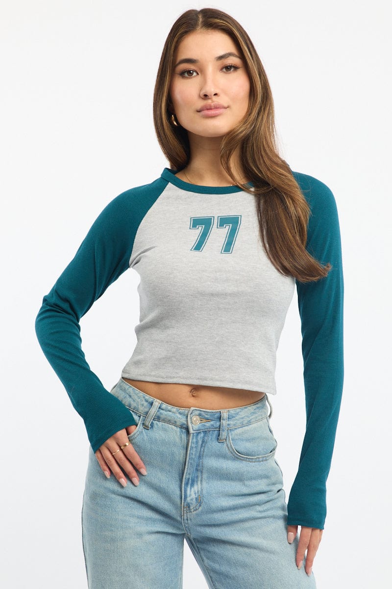 Blue Graphic T-Shirt Long Sleeve
