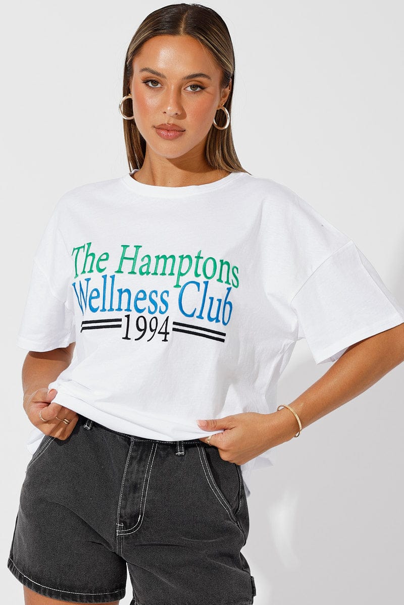 White Embroidered T-Shirt Wellness Club Graphic T-Shirt