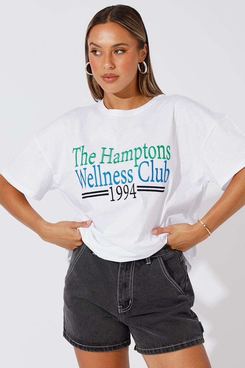 White Embroidered T-Shirt Wellness Club Graphic T-Shirt