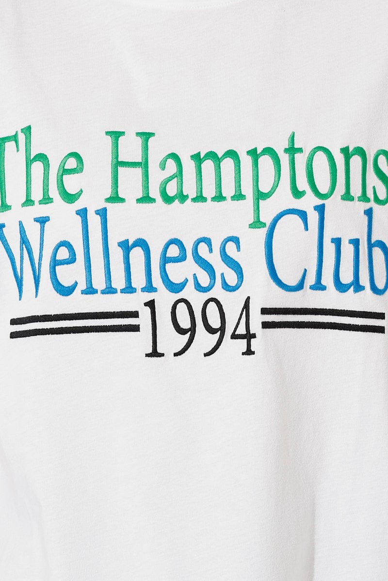 White Embroidered T-Shirt Wellness Club Graphic T-Shirt