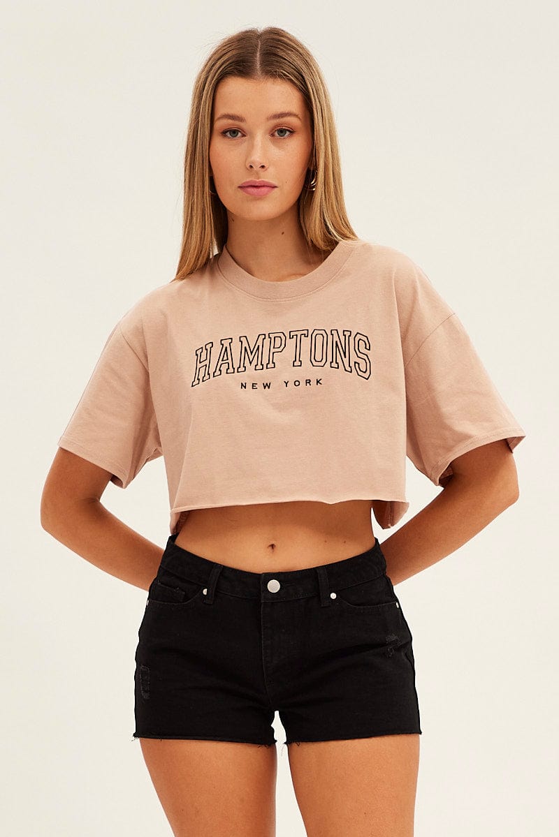 Beige Crop T Shirt Short Sleeve Crew Neck