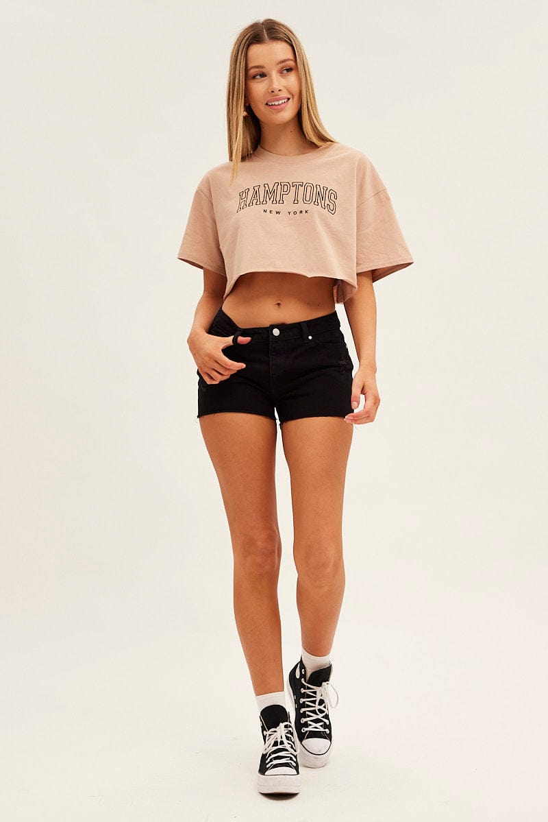 Beige Crop T Shirt Short Sleeve Crew Neck