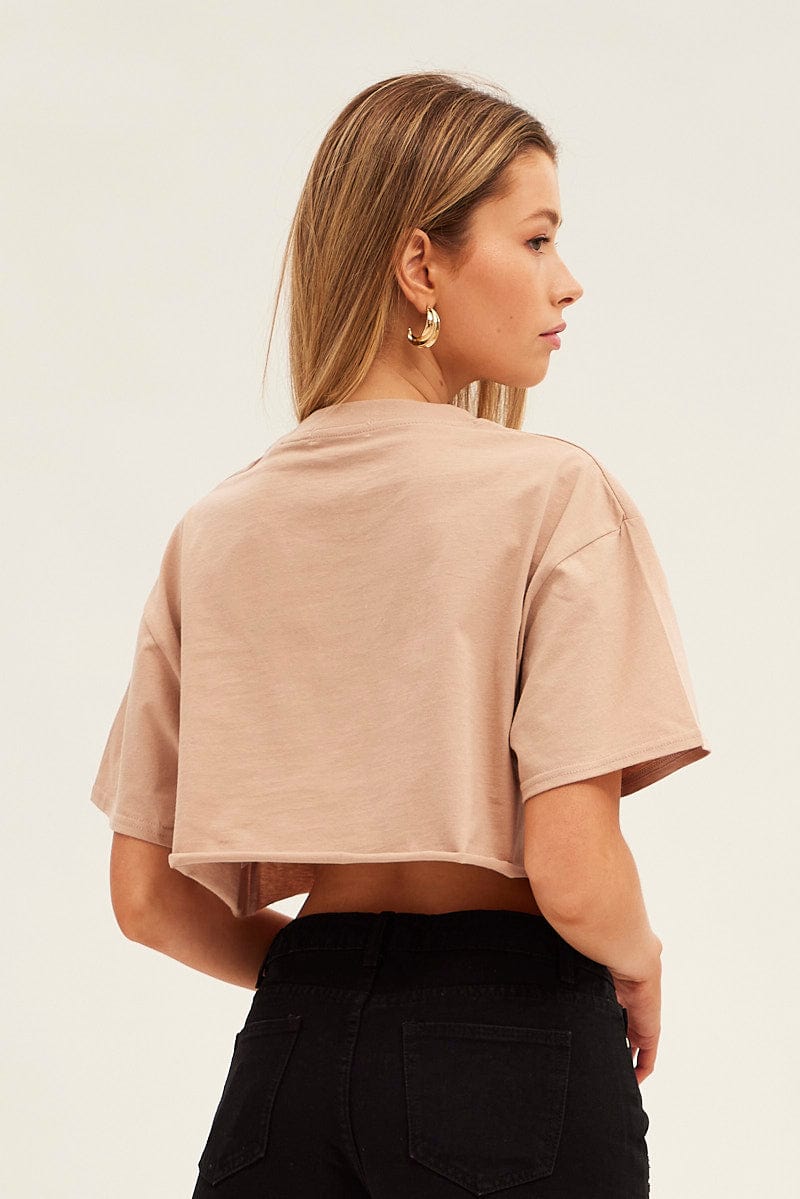 Beige Crop T Shirt Short Sleeve Crew Neck