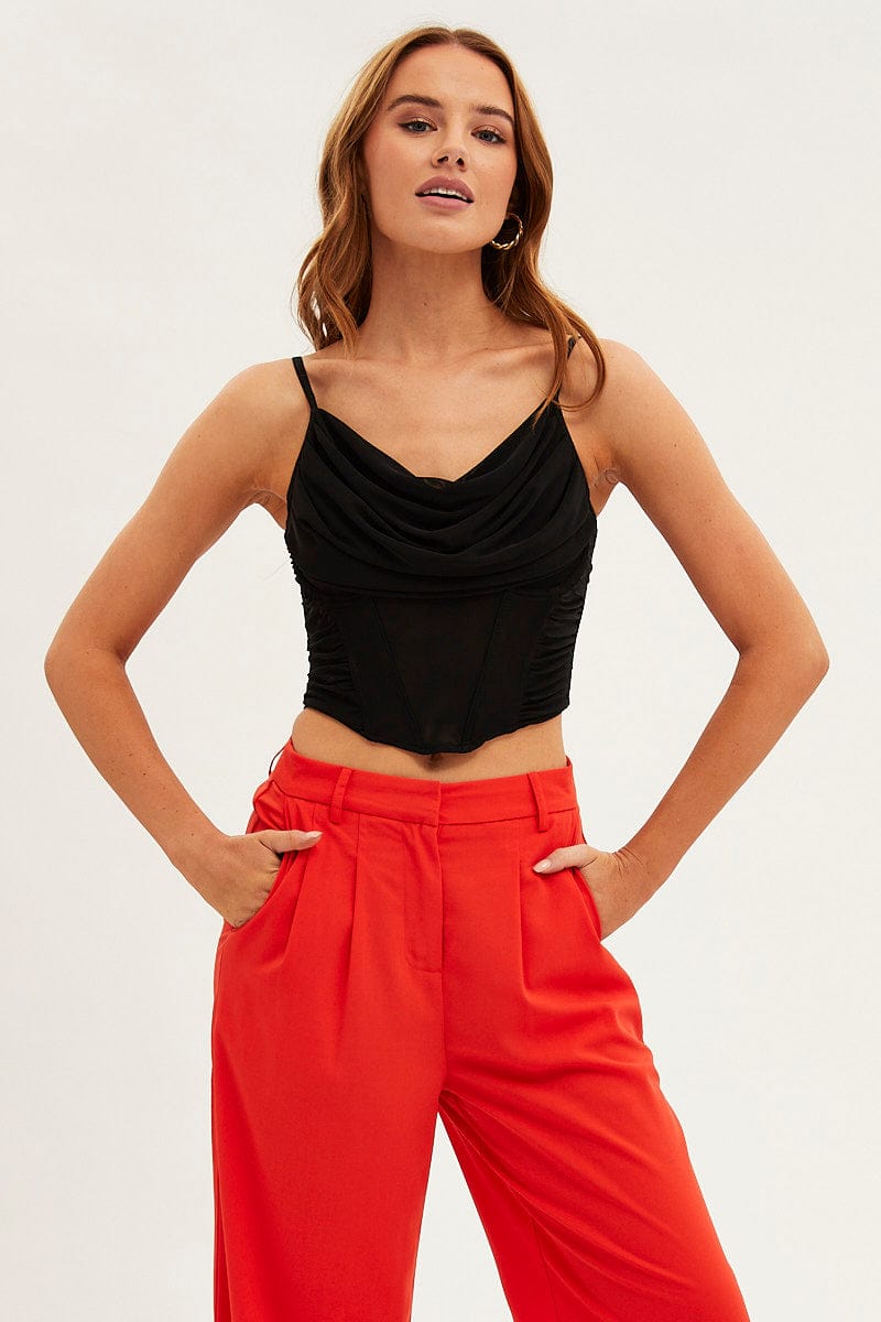 Black Corset Top Sleeveless Cowl Neck Crop Mesh
