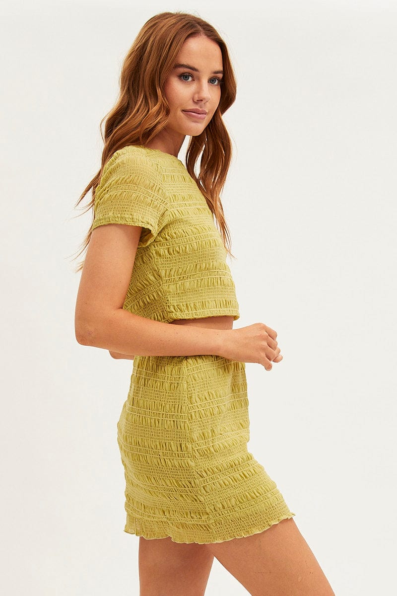 Green Mesh T-Shirt Gathered Texture Short Sleeve