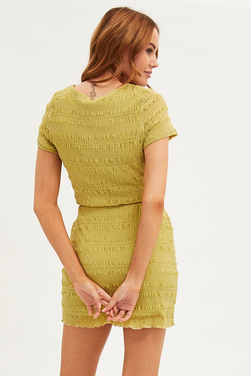 Green Mesh T-Shirt Gathered Texture Short Sleeve