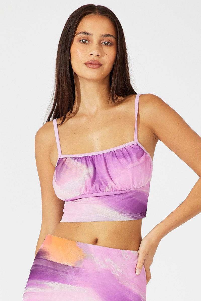 Pink Abstract Tank Top Cami Crop Mesh Printed