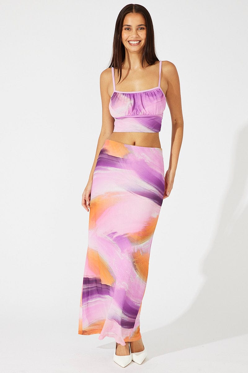 Pink Abstract Tank Top Cami Crop Mesh Printed
