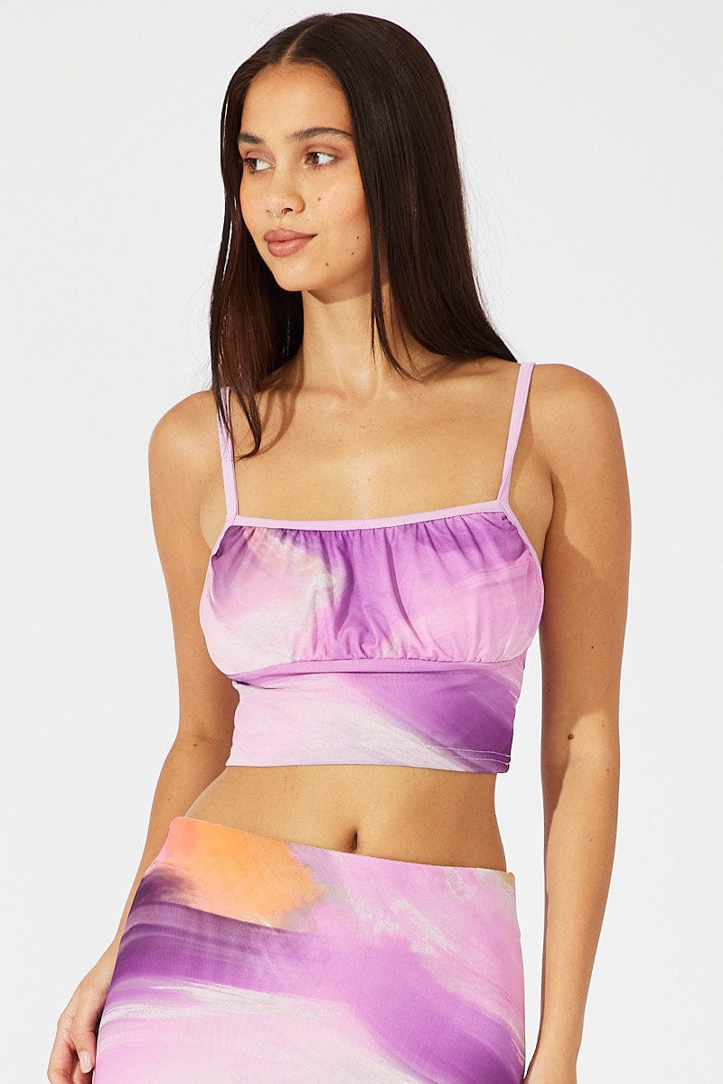 Pink Abstract Tank Top Cami Crop Mesh Printed