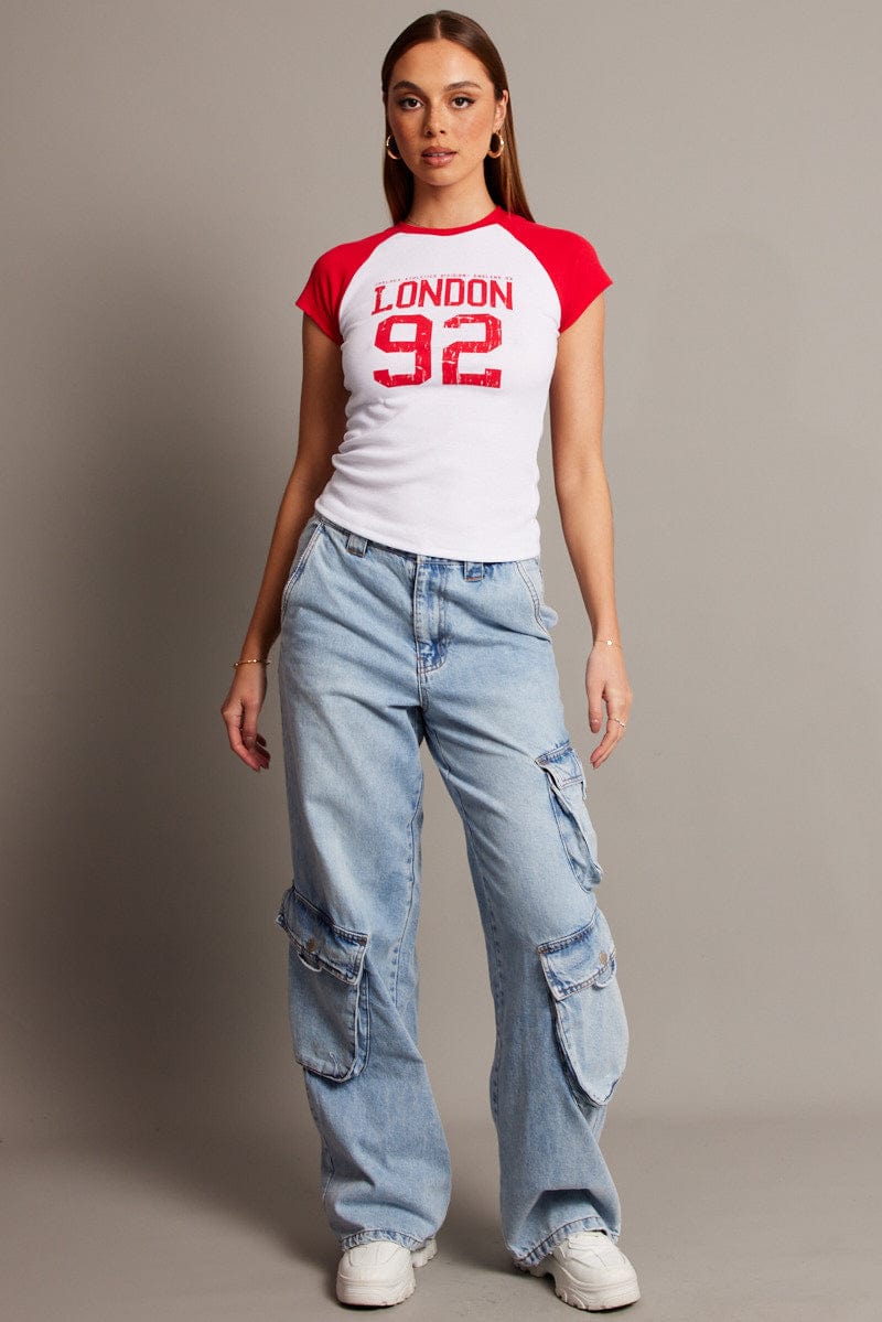 Red Graphic T-Shirt Raglan Short Sleeve