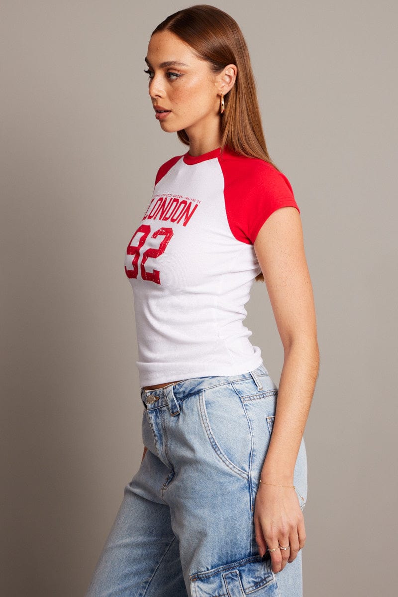 Red Graphic T-Shirt Raglan Short Sleeve