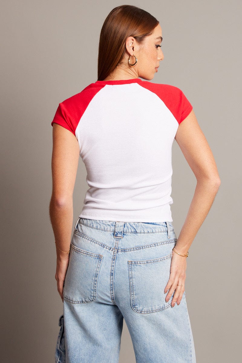 Red Graphic T-Shirt Raglan Short Sleeve