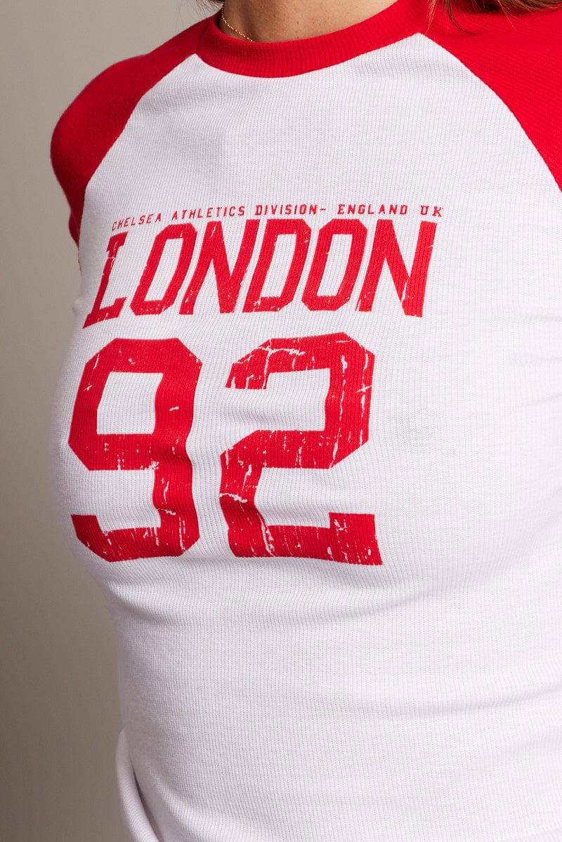 Red Graphic T-Shirt Raglan Short Sleeve