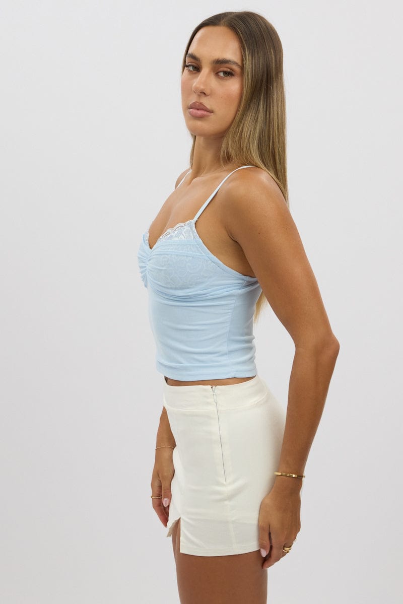 Blue Mesh Tank Top Top Lace Insert