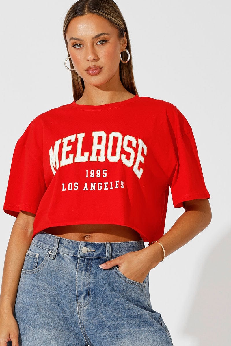 Red Graphic T-Shirt Crop Melrose Slogan T-Shirt