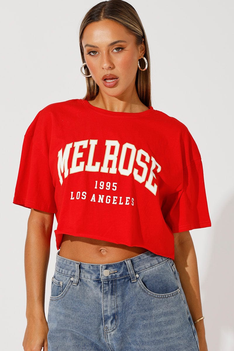 Red Graphic T-Shirt Crop Melrose Slogan T-Shirt