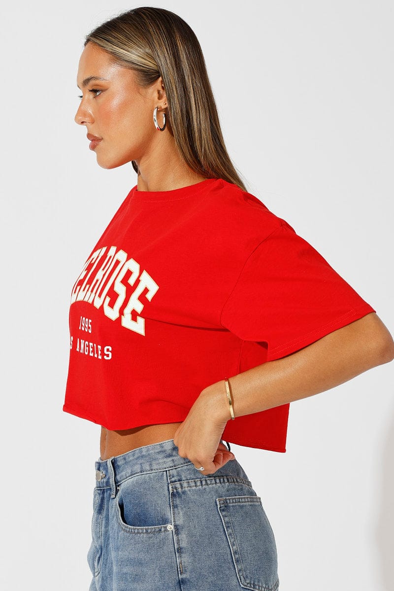 Red Graphic T-Shirt Crop Melrose Slogan T-Shirt
