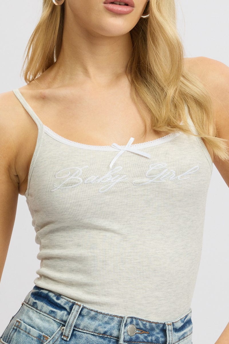 Grey Graphic Tank Top Rib