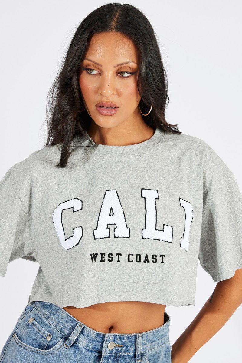 Grey Graphic T-Shirt Crop T-Shirt Borg Fluffy Slogan