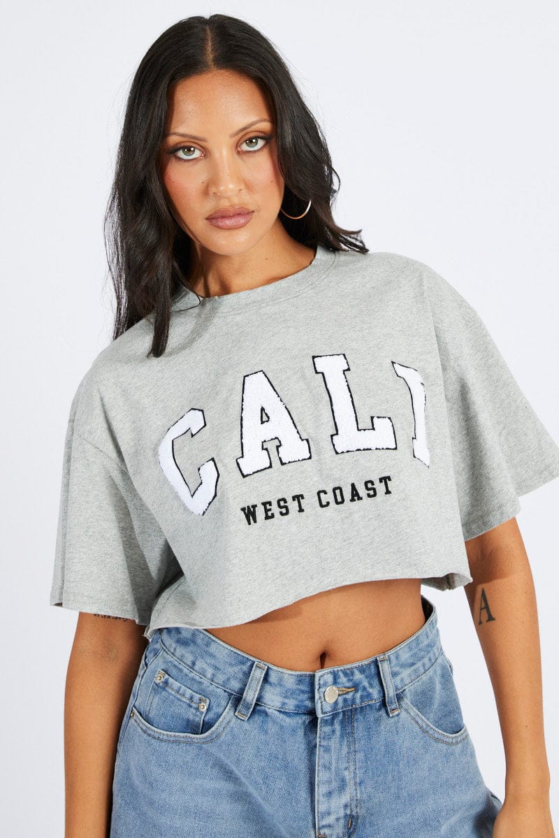 Grey Graphic T-Shirt Crop T-Shirt Borg Fluffy Slogan