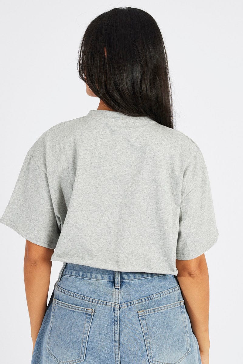 Grey Graphic T-Shirt Crop T-Shirt Borg Fluffy Slogan