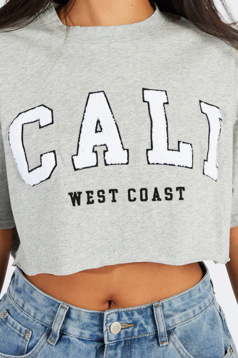 Grey Graphic T-Shirt Crop T-Shirt Borg Fluffy Slogan