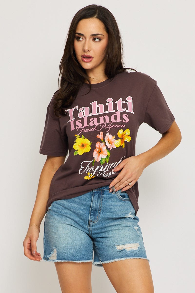 Brown Graphic T-Shirt Short Sleeve