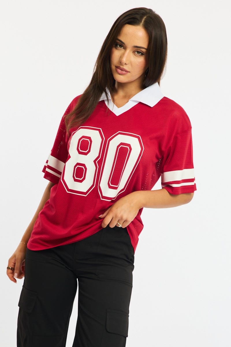 Red Sport T-Shirt Collar Short Sleeve