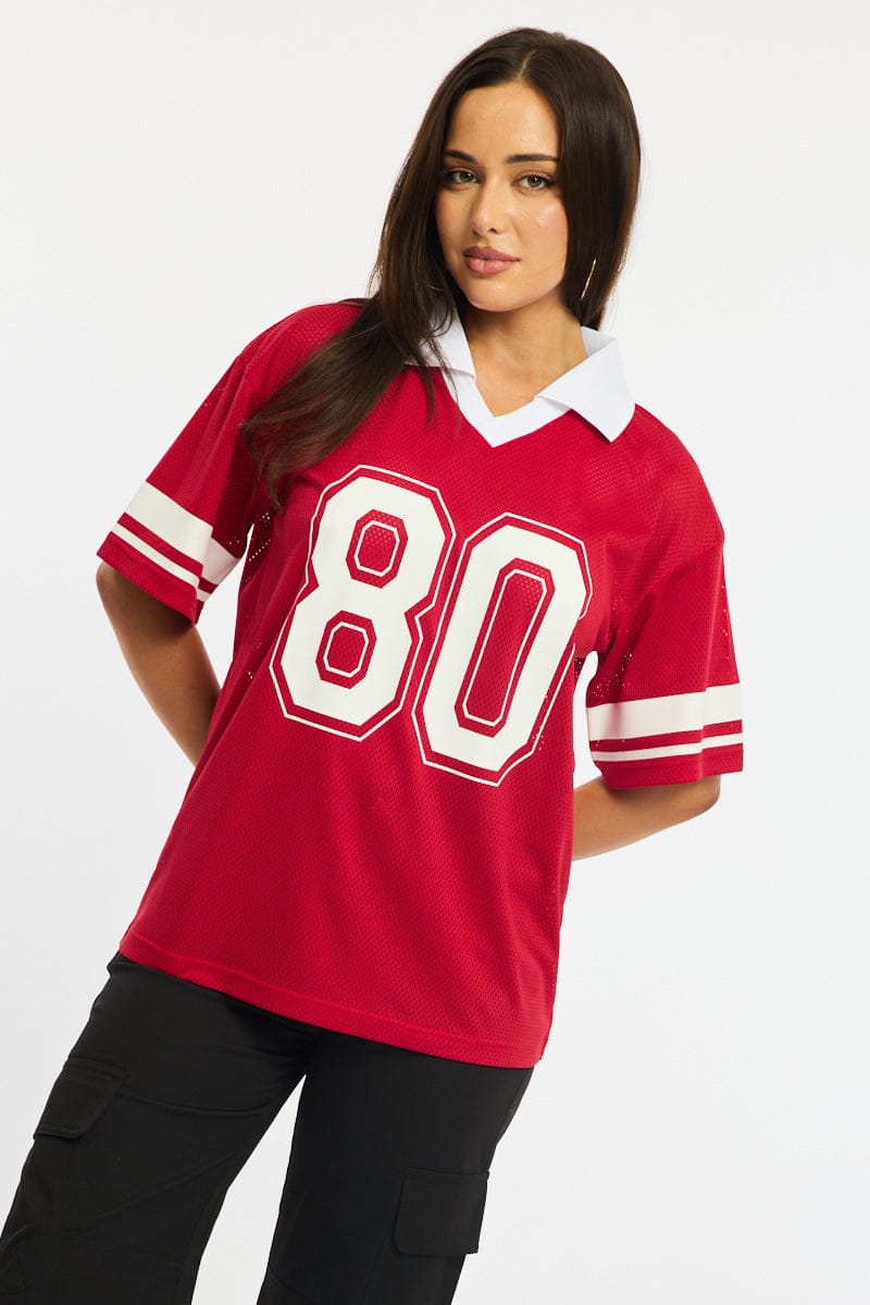 Red Sport T-Shirt Collar Short Sleeve