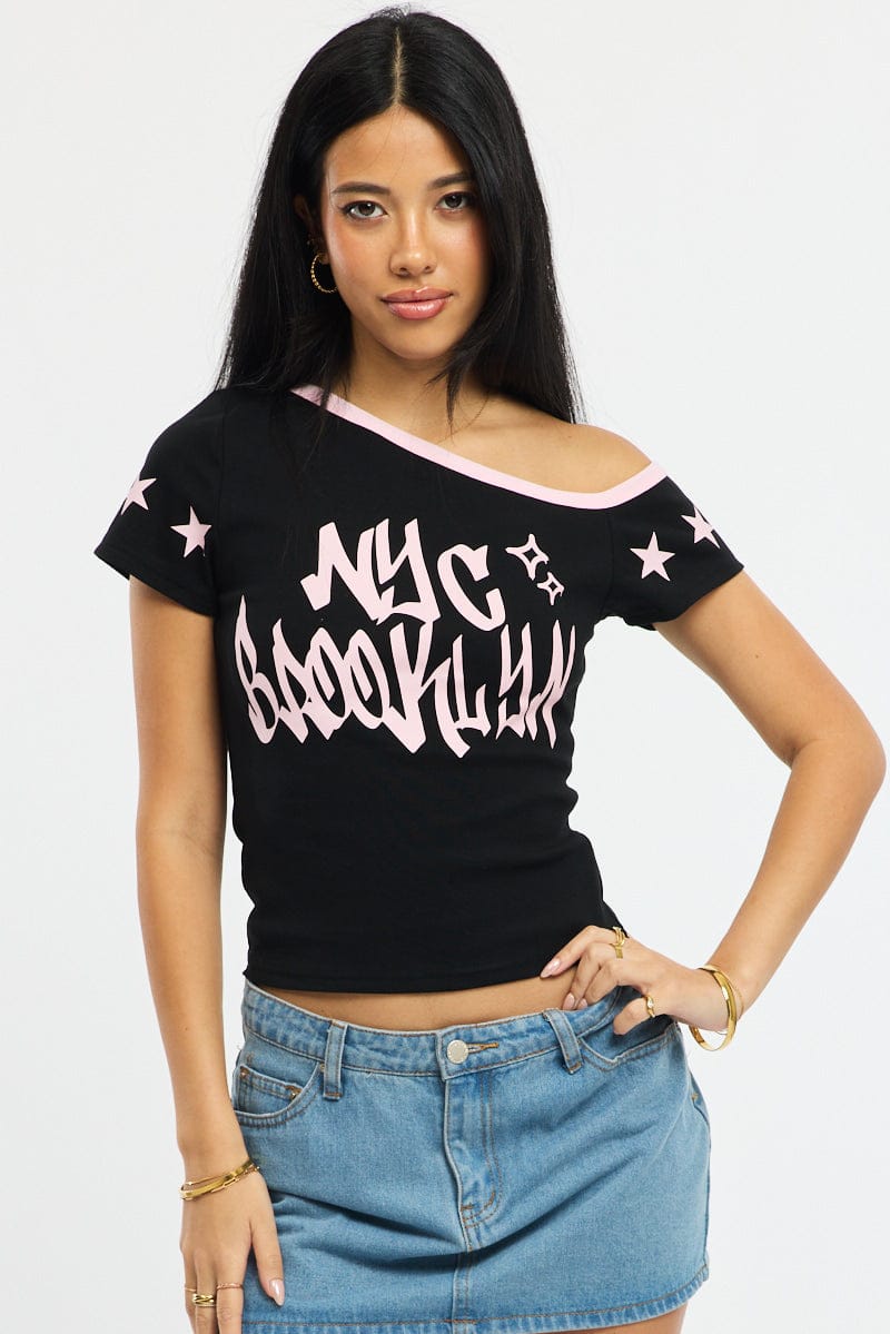Black One Shoulder Graphic T-Shirt
