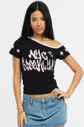 Black One Shoulder Graphic T-Shirt