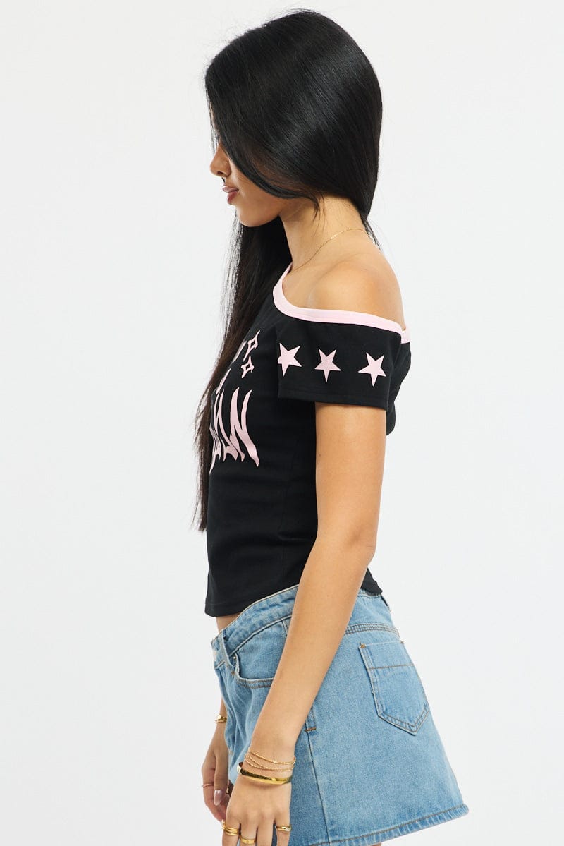 Black One Shoulder Graphic T-Shirt