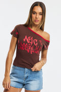 Brown One Shoulder Graphic T-Shirt