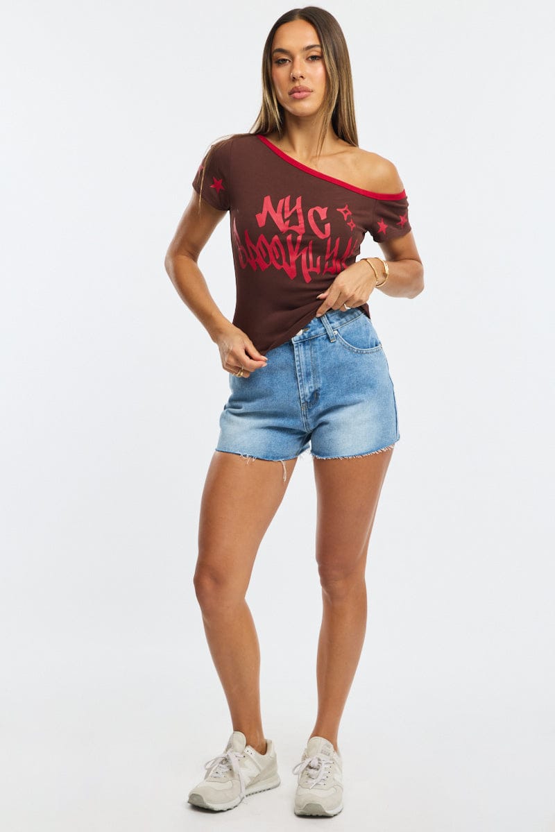 Brown One Shoulder Graphic T-Shirt