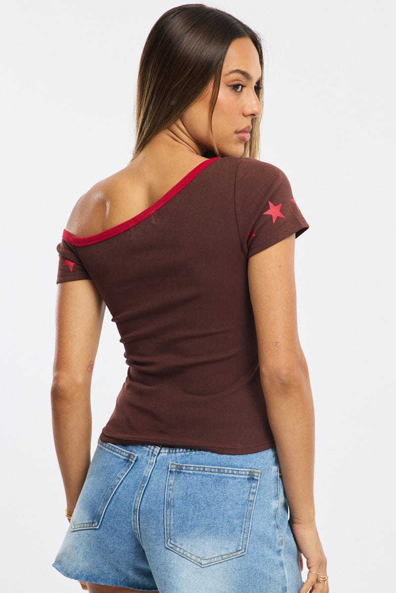Brown One Shoulder Graphic T-Shirt
