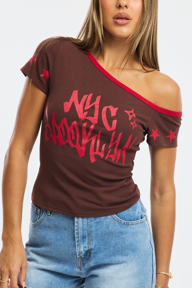 Brown One Shoulder Graphic T-Shirt