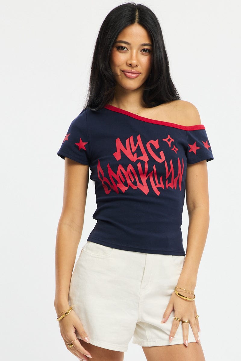 Blue One Shoulder Graphic T-Shirt