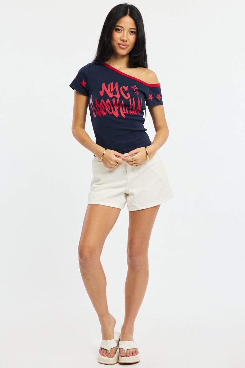 Blue One Shoulder Graphic T-Shirt