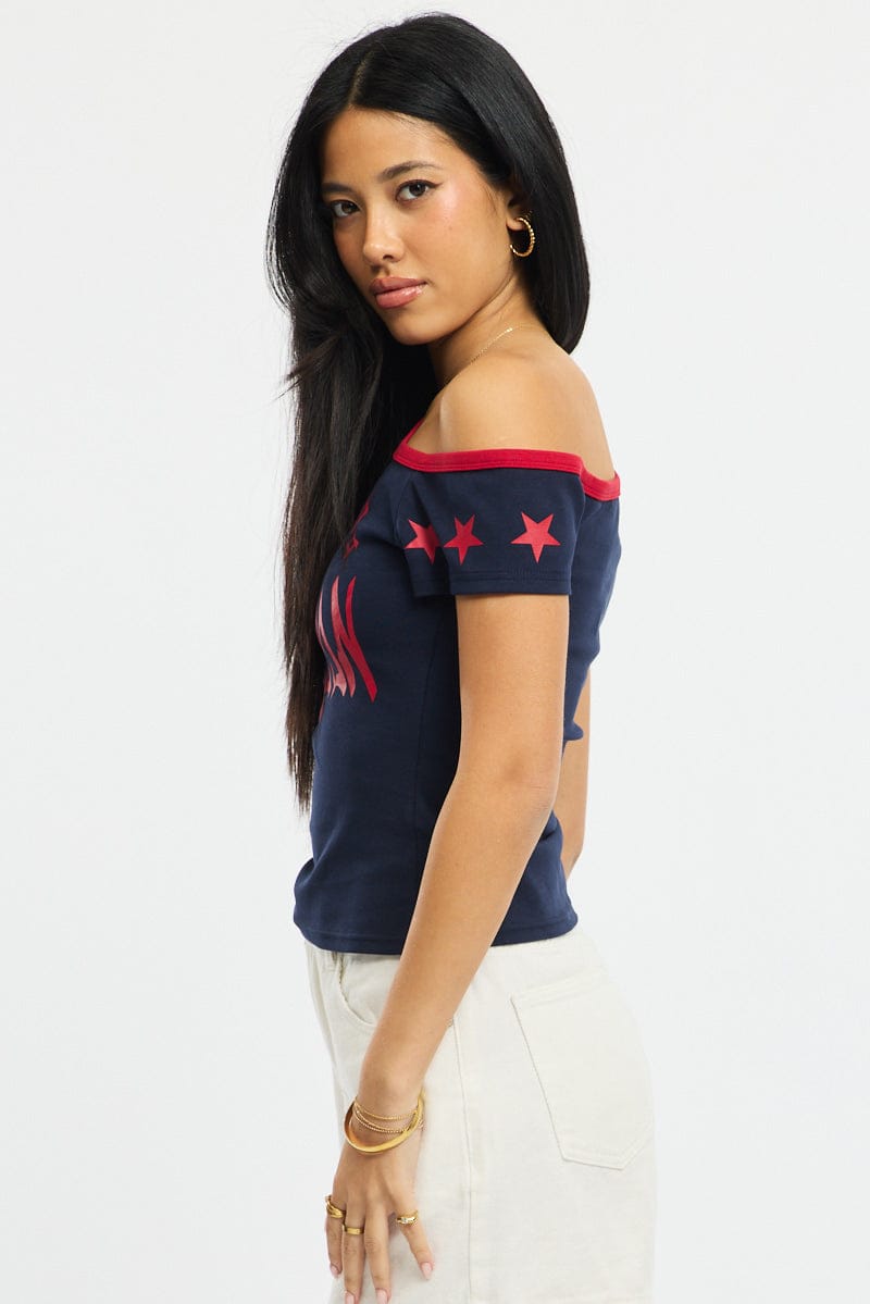 Blue One Shoulder Graphic T-Shirt