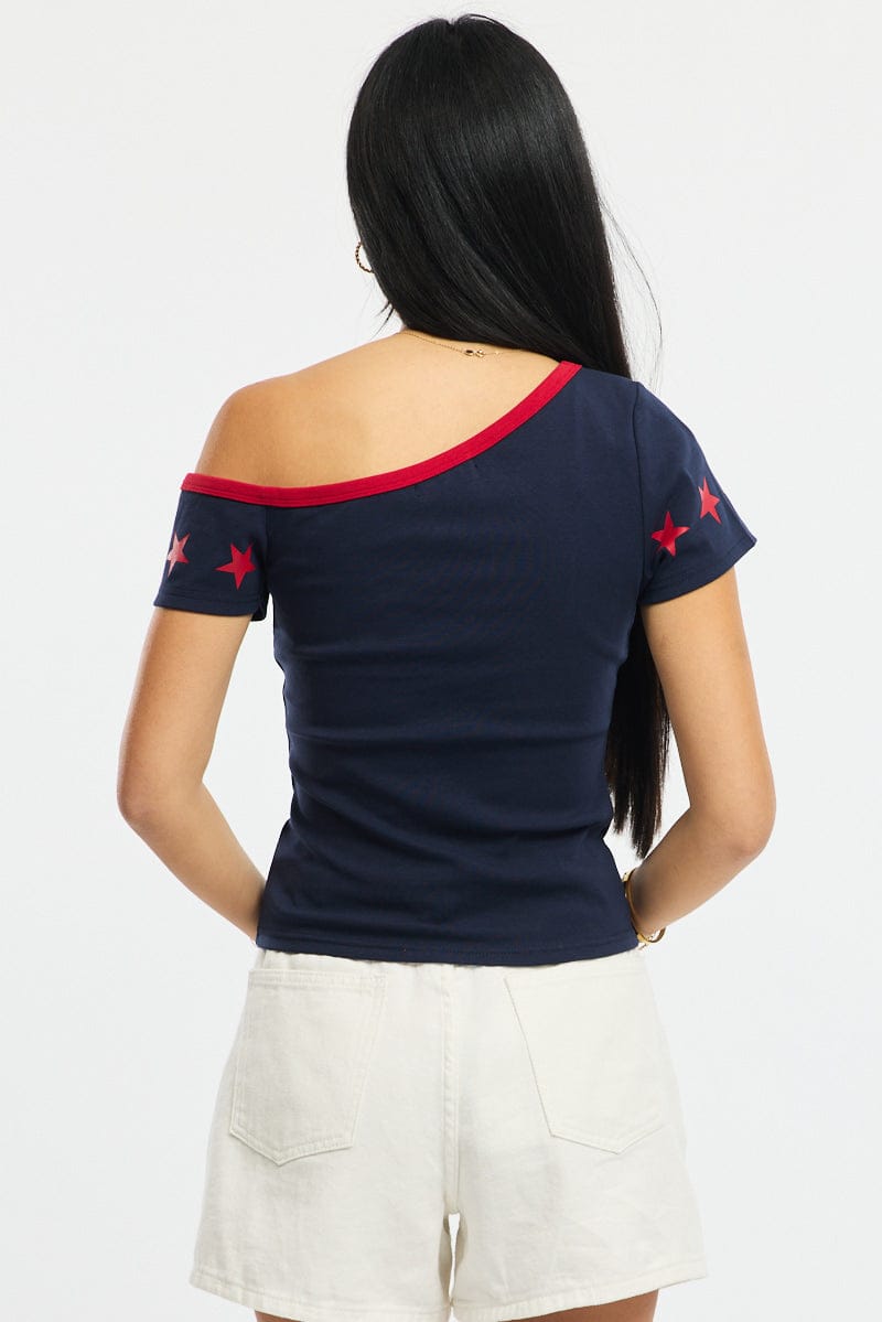 Blue One Shoulder Graphic T-Shirt