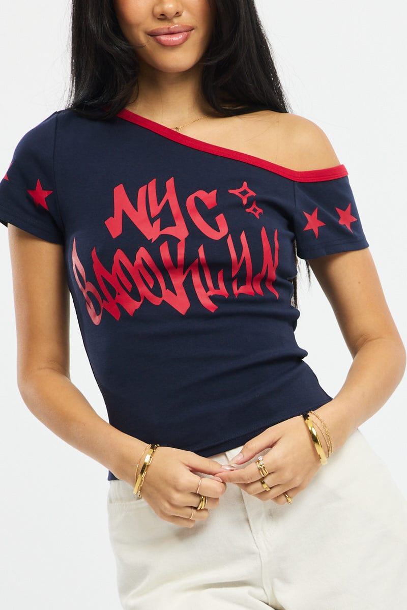 Blue One Shoulder Graphic T-Shirt