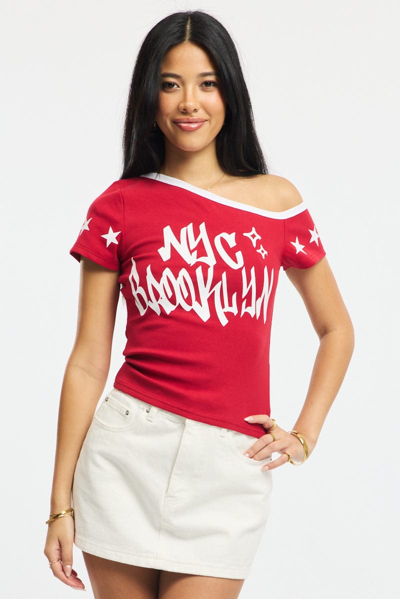 Red One Shoulder Graphic T-Shirt